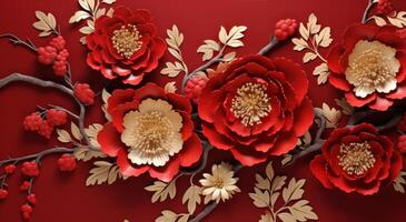 ai gerado vermelho e ouro chinês papel floral fundo fundo padronizar foto
