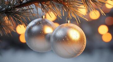 ai gerado espumante Natal bolas em a árvore foto