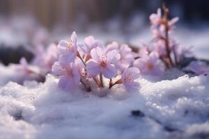 ai gerado escrocícolas flor dentro a neve durante a Primavera foto