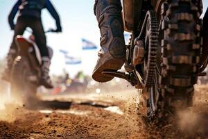 ai gerado motocross cavaleiro equitação em sujeira rastrear fechar-se pneu generativo ai foto