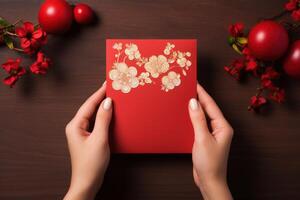ai gerado mão mulher segurando com em branco vermelho cartão. chinês Novo ano conceito .generativo ai foto