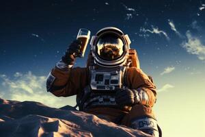 ai gerado astronauta sentado em a lua bebendo cerveja, generativo ai foto
