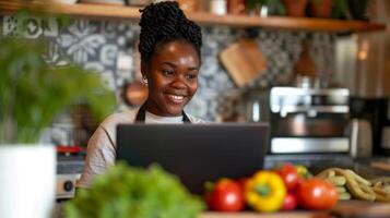 ai gerado uma mulher usando uma tábua computador para cozinhar dentro dela cozinha generativo ai foto