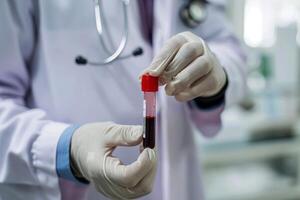 ai gerado médico segurando sangue tubo teste dentro a pesquisa laboratório. saúde para Verifica acima . generativo ai foto