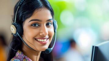 ai gerado indiano fêmea cliente Apoio, suporte agente telefone operador dentro fone de ouvido . ai gerado foto