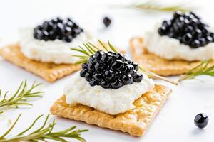 ai gerado biscoitos com creme queijo e Preto caviar, branco fundo. generativo ai. foto