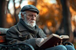 ai gerado idosos homem sentado em uma Banco dentro uma parque com uma livro dentro dele mão, generativo ai foto