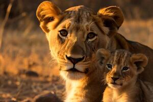 ai gerado mãe amor entre adorável uma leão e uma filhote criada. generativo ai foto