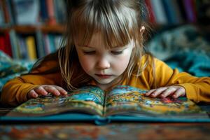 ai gerado fofa crianças bebê lendo livro . Educação Aprendendo conceito. ai generativo foto