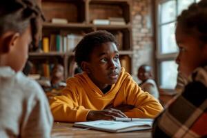 ai gerado africano americano escola crianças estudando dentro de casa, cercado de amizade e união generativo ai foto