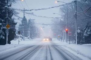 ai gerado inverno dentro a cidade, tempestade de neve, nevasca, generativo ai foto