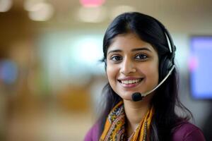 ai gerado indiano fêmea cliente Apoio, suporte agente telefone operador dentro fone de ouvido . ai gerado foto