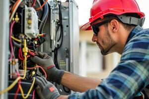 ai gerado técnico trabalhando em ar condicionamento ao ar livre unidade . hvac trabalhador profissional ocupação. generativo ai foto