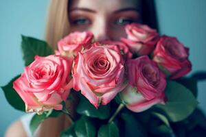 ai gerado uma mulher segurando uma ramalhete do rosas.ai generativo foto