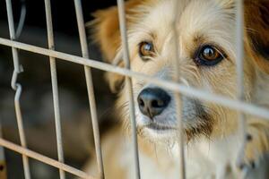 ai gerado fechar acima triste ampla cachorros apanhado dentro jaula. generativo ai foto