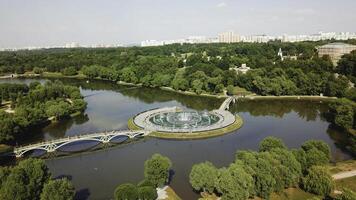 topo Visão do lindo ponte com lago dentro Palácio parque. criativo. panorama do parque e lago com ponte e ilha às Palácio. reserva-museu às tsaritsyno Palácio foto