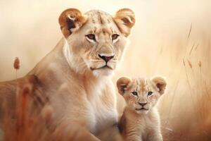 ai gerado mãe amor entre adorável uma leão e uma filhote criada. generativo ai foto