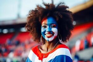 ai gerado francês apoiante com bandeira face pintura . França 2024 olímpico conceito .generativo ai foto