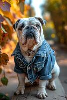 ai gerado buldogue chique estilo de rua vibrações dentro uma jeans Jaqueta foto