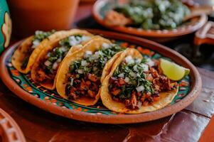 ai gerado aromático tacos al pastor tradicional cerâmica e livro de receitas estilo foto