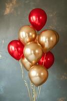 ai gerado dourado festividade balões ramalhete com uma colorida dica do elegância foto