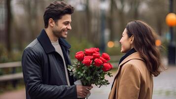 ai gerado sorridente jovem homem dando uma ramalhete do flores para dele namorada, namorados aniversário conceito foto