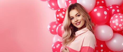 ai gerado alegre beleza menina com vermelho e Rosa balão sorridente em Rosa fundo, dia dos namorados conceito foto