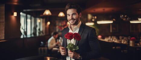ai gerado bonito elegante homem segurando vermelho rosas e sorridente dentro restaurante, namorados conceito foto
