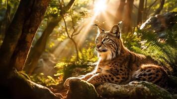 ai gerado ibérico lince dentro a floresta às pôr do sol. animais selvagens cena a partir de natureza. foto