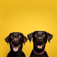 ai gerado dois feliz cachorros ofegante em amarelo fundo com cópia de espaço. foto