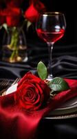 ai gerado romântico jantar com Preto elegância mesa configuração e vermelho rosa em namorados dia ou aniversário conceito foto