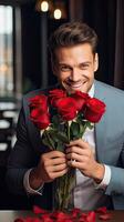 ai gerado bonito elegante homem segurando vermelho rosas e sorridente dentro restaurante, namorados conceito foto