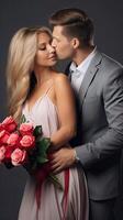 ai gerado lindo feliz adorável casal estão se beijando em cinzento fundo com rosa ramalhete namorados conceito foto