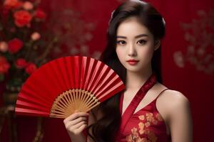 ai gerado ventilador do elegância lindo senhora graças chinês Novo ano foto