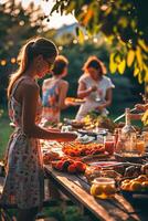 ai gerado grade e calafrio desfrutando culinária delícias com Boa amigos foto