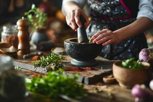 ai gerado especiaria arte mulher moagem culinária Magia com argamassa e pilão foto