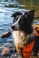 ai gerado collie de a costa à moda segurança vestem para água aventuras foto