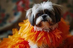 ai gerado shih tzu glamour elegância desencadeado dentro uma festa vestir foto