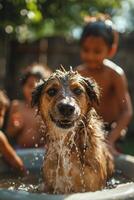 ai gerado incondicional amor abraçando nosso cachorro Como família foto