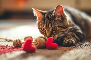 ai gerado gato cupido espalhando amor com uma dia dos namorados coração foto