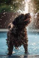 ai gerado Sol areia e caudas feliz animais de estimação em a de praia foto