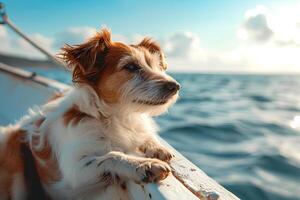 ai gerado Sol areia e caudas feliz animais de estimação em a de praia foto