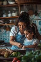 ai gerado cozinha herança mãe e filha cozinhando acima mexicano família recordações foto