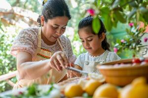 ai gerado cozinha herança mãe e filha cozinhando acima mexicano família recordações foto