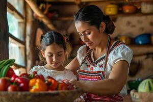 ai gerado cozinha herança mãe e filha cozinhando acima mexicano família recordações foto