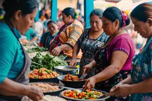 ai gerado mercado delícias mulheres saboreando autêntico mexicano rua Comida foto