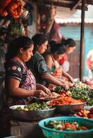 ai gerado mercado delícias mulheres saboreando autêntico mexicano rua Comida foto