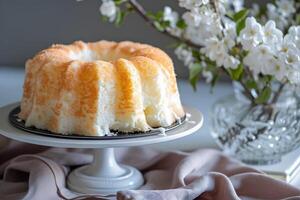 ai gerado celestial citrino com cobertura de limão anjo Comida bolo dentro simples Primavera serenidade foto