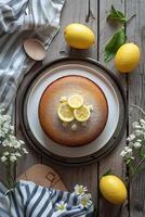 ai gerado núcleo de fazenda sabor vegano limão e amêndoa bolo dentro simples Primavera felicidade foto
