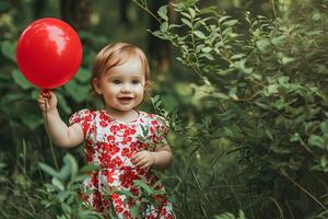ai gerado pequeno flor criança pequena elegância dentro uma vermelho floral Primavera vestir foto
